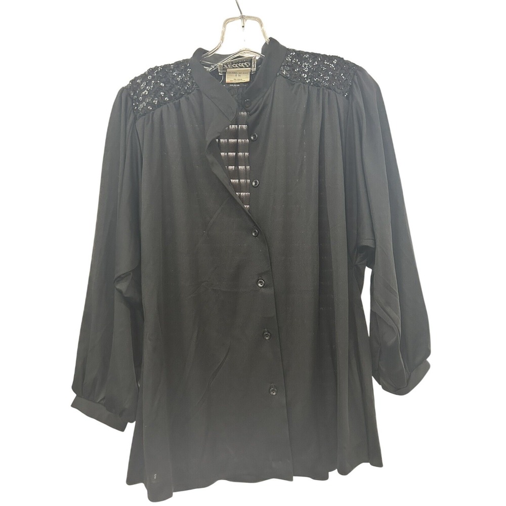 Vintage Teddi of California Black Sequin Shoulder Button Front‎ Blouse Size 14